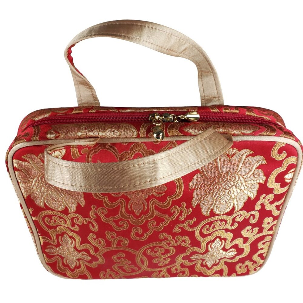 Celebrity Large Zippered Travel Jewelry Makeup Bag Case Red Gold Brocade